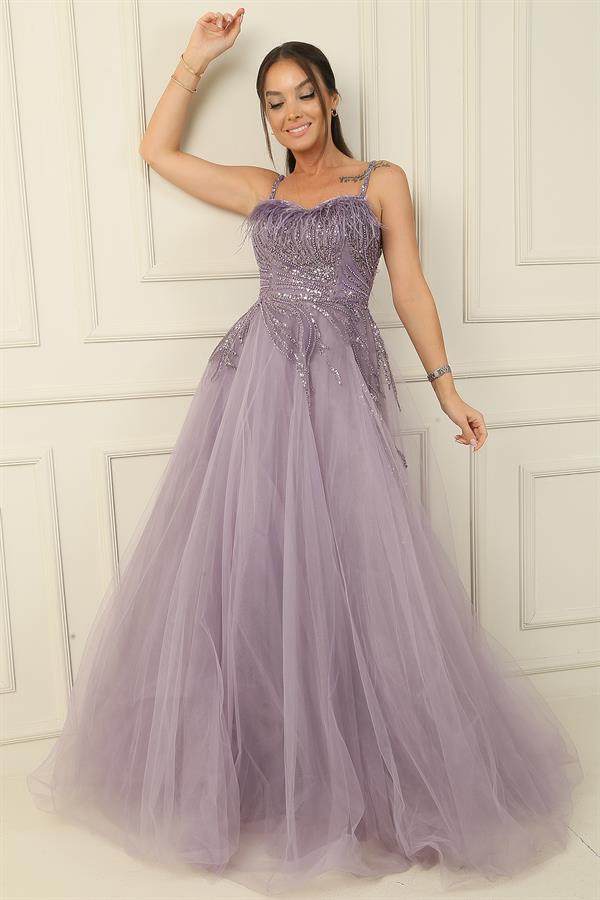 Strappy Neckline Feathered Sequin and Bead Embellished Lined Long Princess Evening Dress