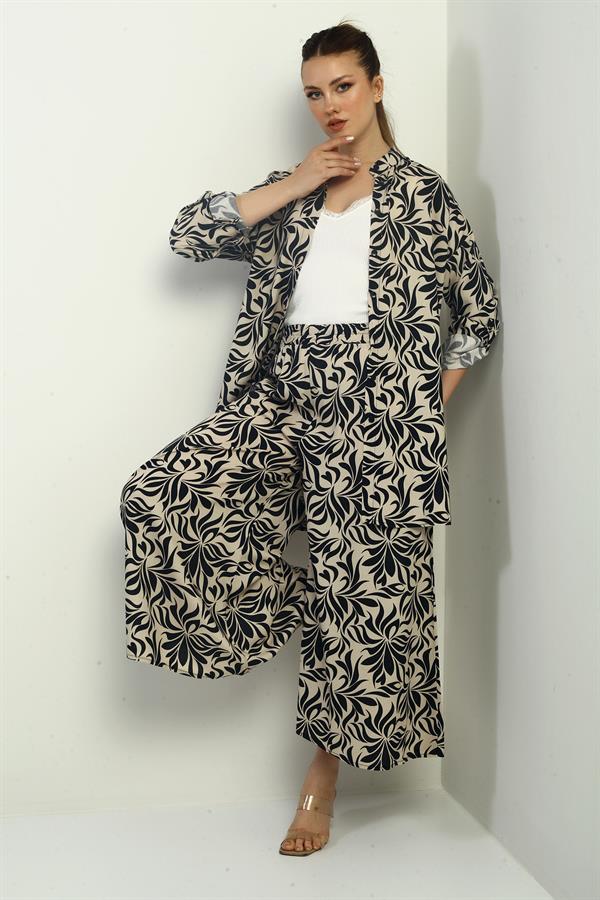 Women's Side Slit Tunic Shirt, Elastic Waist Pocketed Palazzo Pants, Floral Pattern Oversize 2-Piece Set