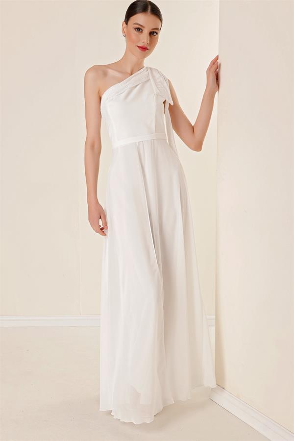 Pulpayet Yaka Tek Omuzlu Üstü Şifon Krep Tulum