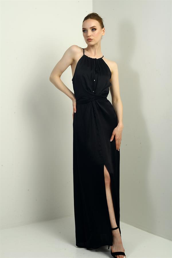 Robe longue en velours côtelé satiné à bretelles, col halter et ceinture fendue sur le devant pour femme