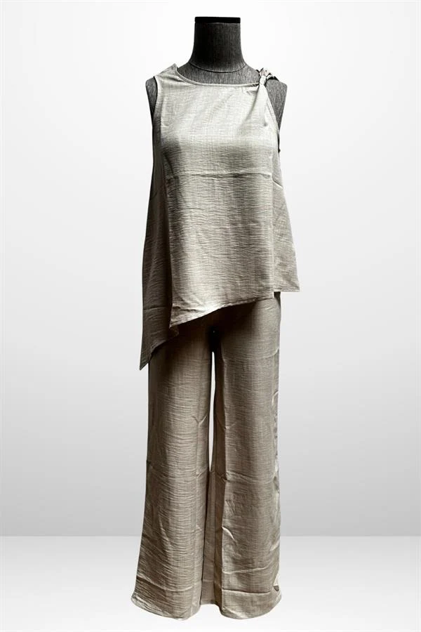 Kadın  Toka Detaylı Eteği Asimetrik Bluz Beli Lastikli Cepli Palazzo Pantolon Keten 2'li Takım