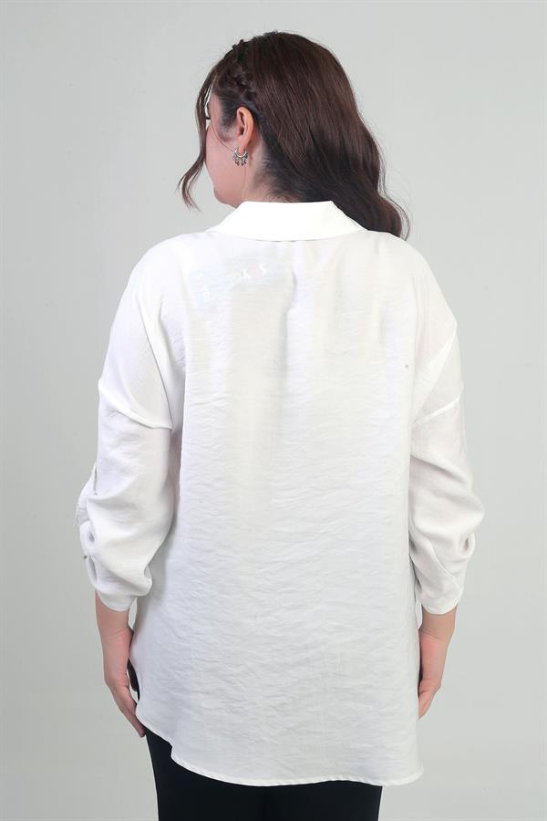 Chemise grande taille pour femme avec fentes latérales, applications florales et manches repliées