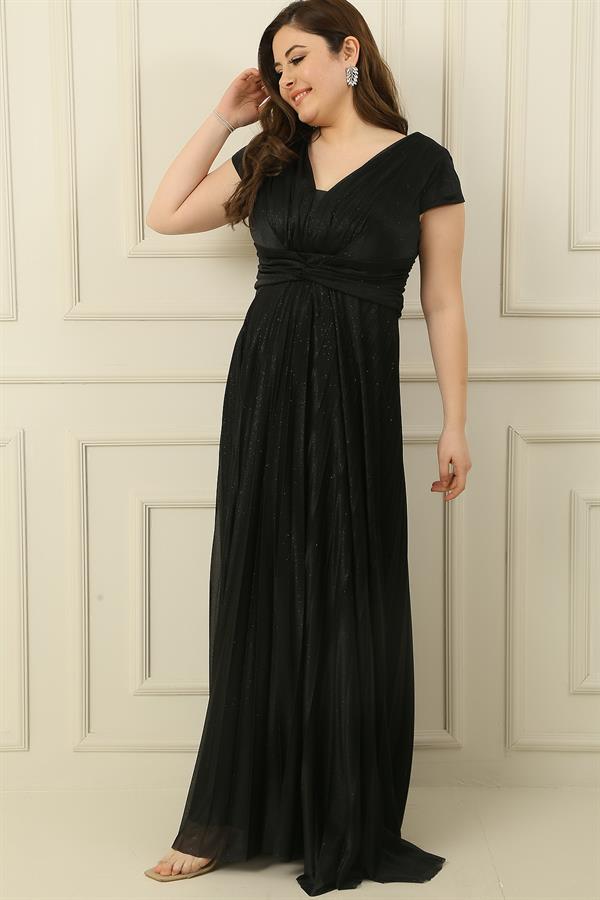 V Yaka Beli Ve Önü Drapeli Astarlı Piliseli Simli Uzun Krep Elbise