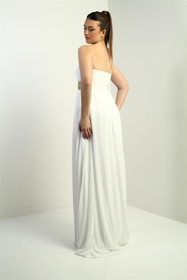 Kadın Tek Omuz Askılı Önü Hasır Astarlı Şifon Uzun Elbise
