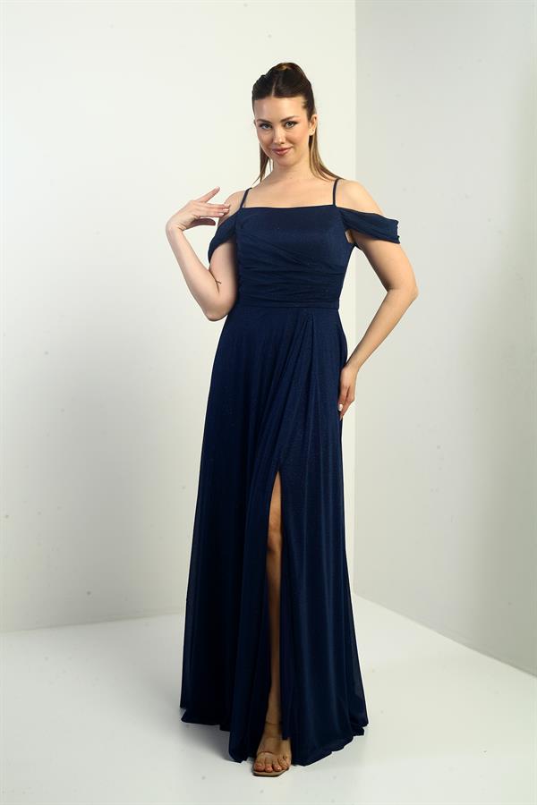 Kadın İp Askılı Eteği Kloş Astarlı Uzun Simli Elbise