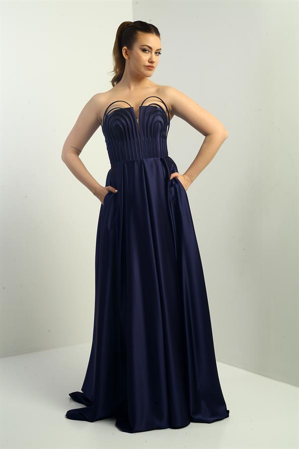 Kadın Straplez Astarlı Önü Balen Biyeli Cepli Kloş Uzun Saten Abiye Elbise