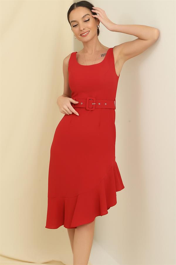 Side Ruffled, Belted, Lined Crepe Dress