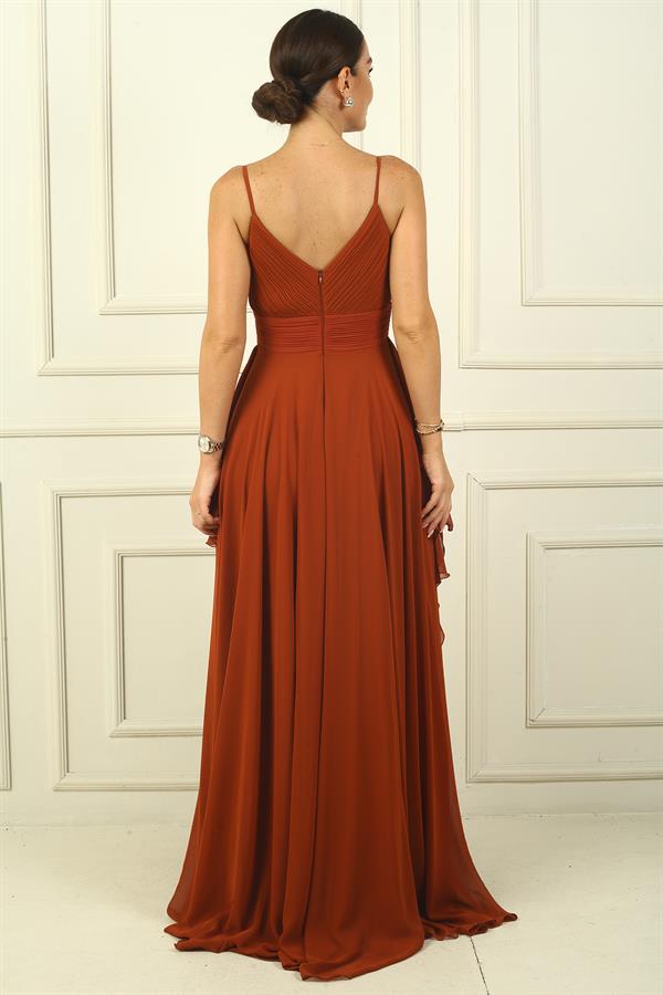 Kadın İp Askılı Yanları Yırtmaçlı Astarlı Volanlı Şifon Uzun Elbise