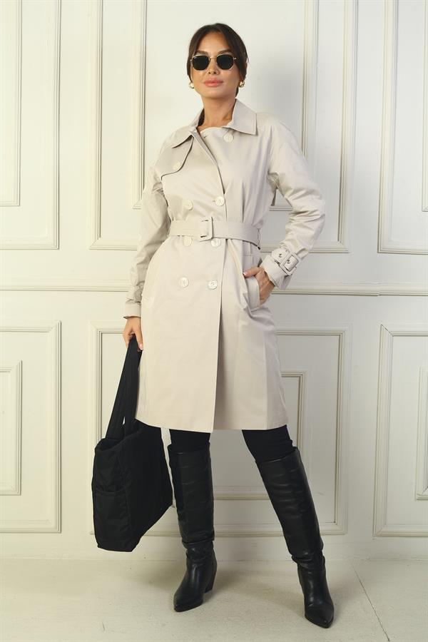Women's Trench Coat with Belted Waist and Sleeves, Button-Front and Pockets