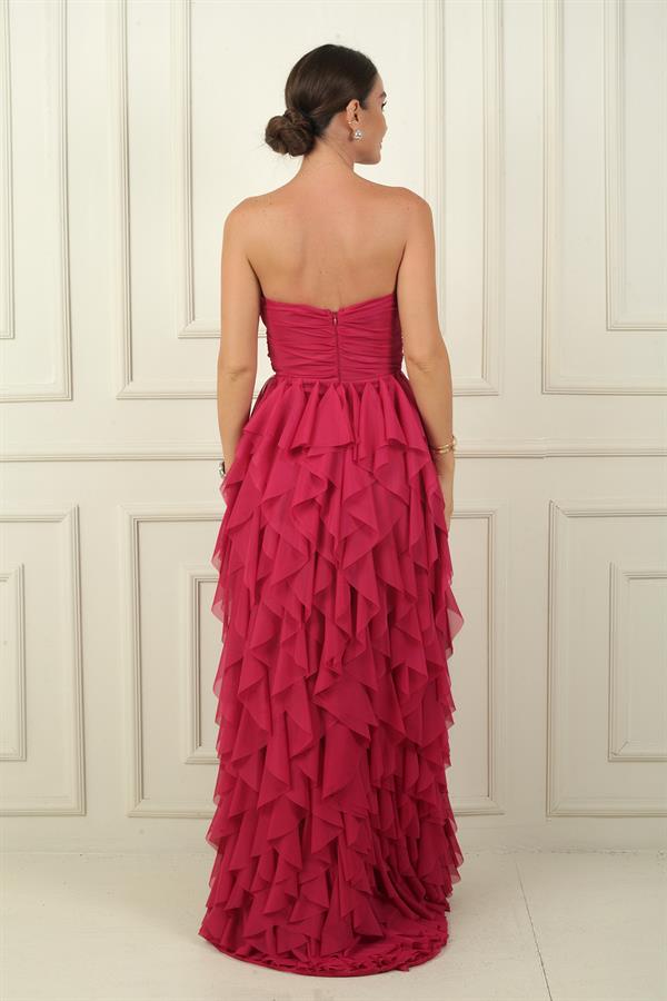 Straplez Önü Taş Detaylı Drapeli Astarlı Yanı Yırtmaçlı Volanlı Uzun Tül Elbise