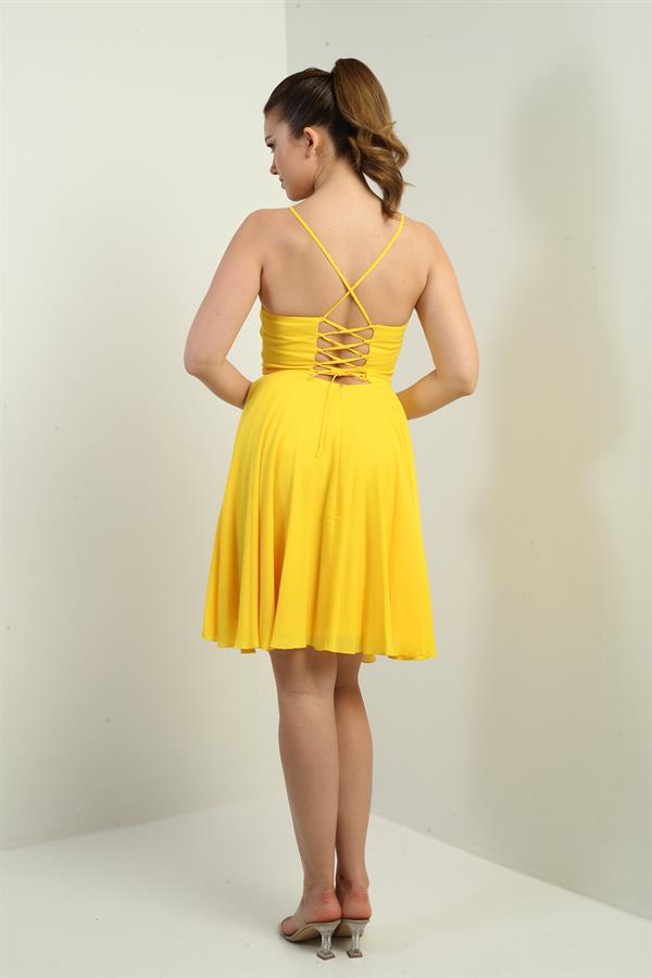 Women's Strappy, Back-Tie, Front-Opening, Lined Chiffon Short Flared Dress