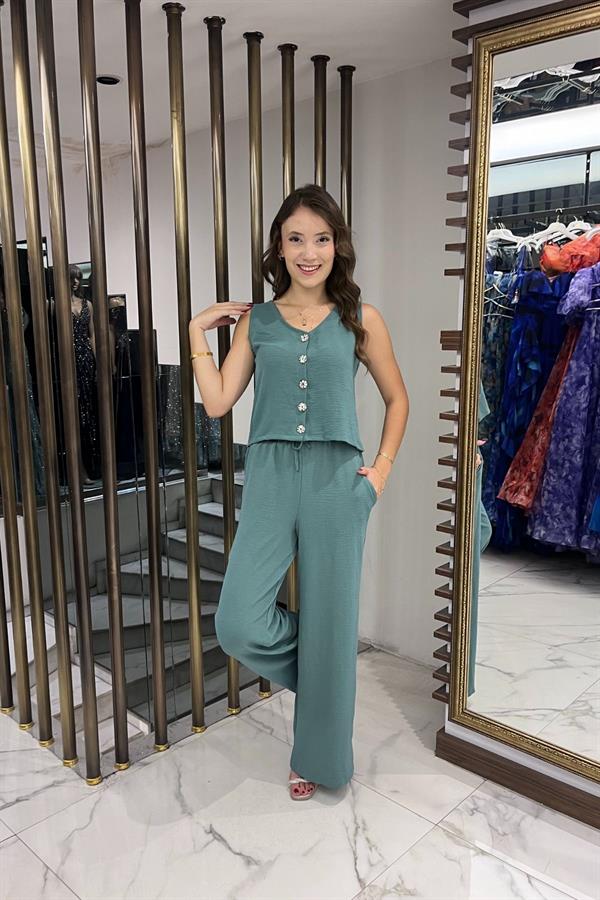 Kadın V Yaka Önü Düğmeli Bluz Beli Lastikli Cepli Palazzo Pantolon Ayrobin 2'li Takım