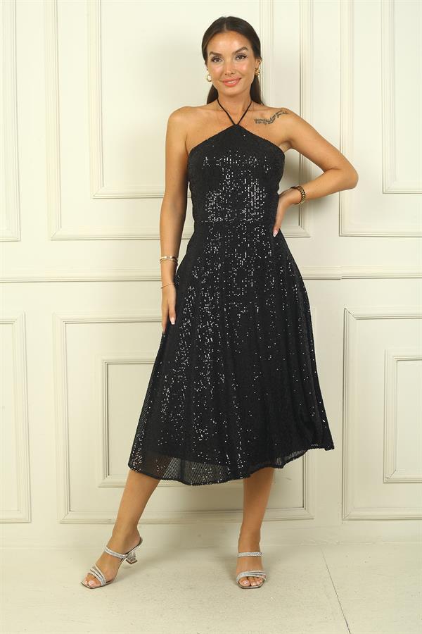 Kadın Boyundan Bağlamalı Astarlı Pulpayet Kısa Elbise