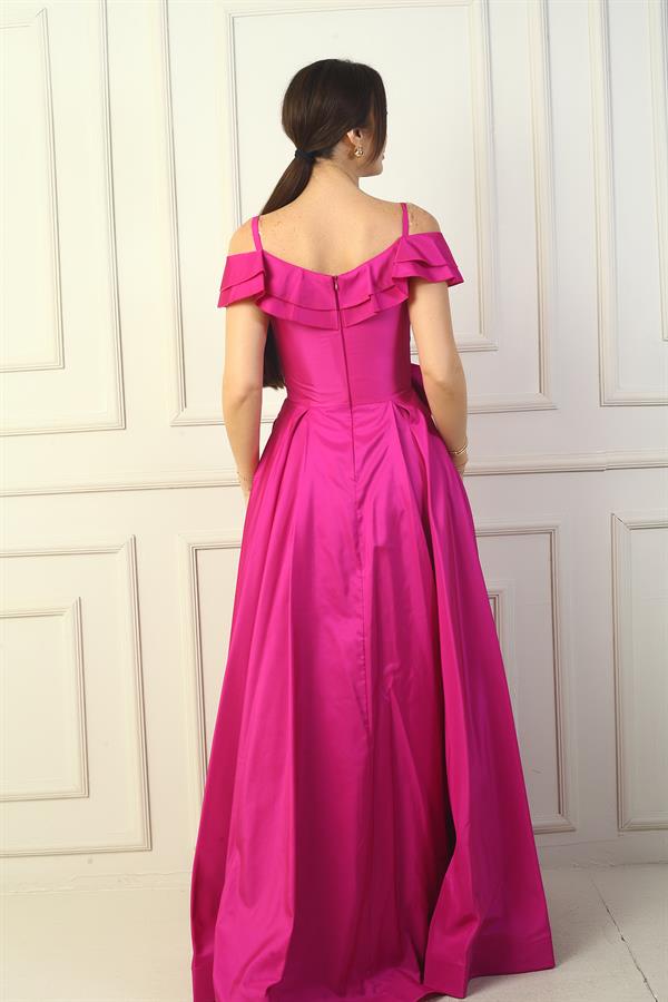 Women's Strappy Boat Neck Long Taffeta Evening Dress with Rose Detail, Lined, and Pockets