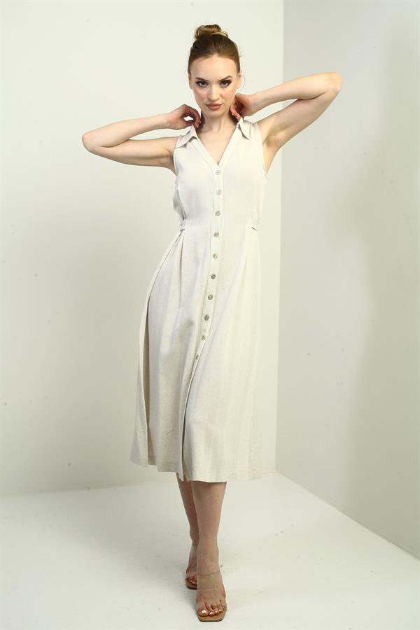 Kadın Polo Yaka Ön Pile Düğme Detaylı Midi Keten Elbise