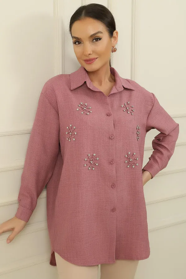 İnci-Taş Detaylı Keten Efekt Gömlek