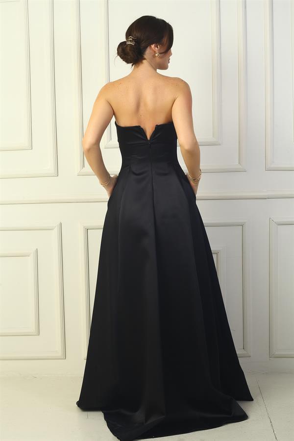 Kadın Straplez Astarlı Cepli Uzun Saten Abiye Elbise