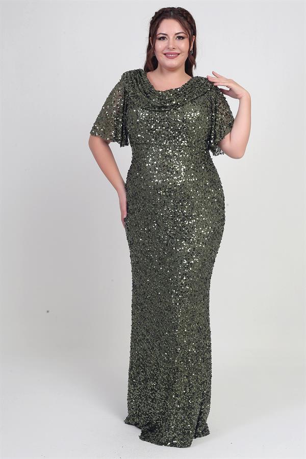 Kadın Degaje Yaka Kısa Kollu Astarlı Pullu Büyük Beden Likralı Elbise