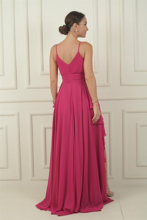 Kadın İp Askılı Yanları Yırtmaçlı Astarlı Volanlı Şifon Uzun Elbise