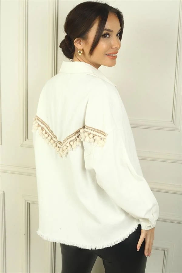 Women's Shirt with Ethnic Stripe Back, Tassels, Metal Button Front, and Single Pocket