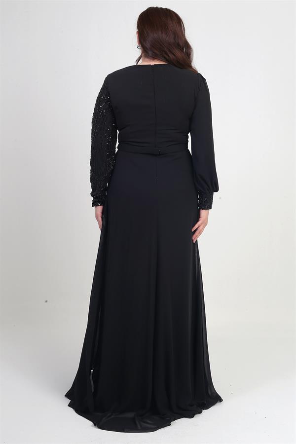 Women's Plus Size Long Chiffon Dress with Sequin and Bead Embellishment, Lined, and Floral Waistline