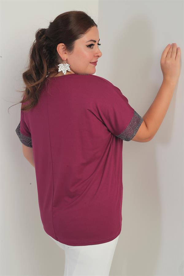 Women's Plus Size Blouse with Glitter Mesh Detail on Collar and Cuffs