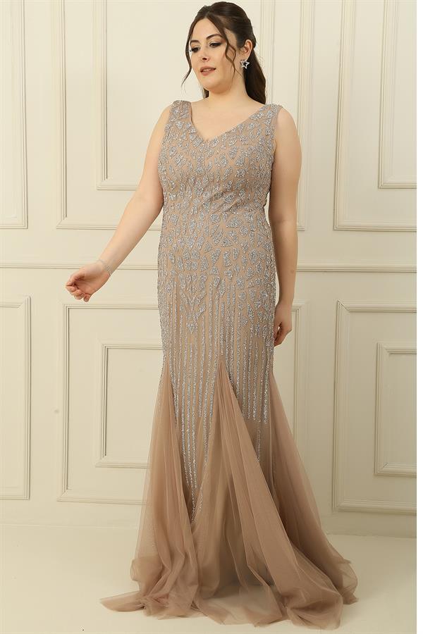 Front and Back V-Neck Stone Embellished Back Tie Lined Plus Size Long Dress