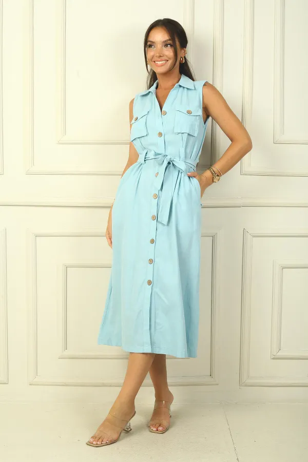 Robe Safari effet lin avec bouton sur le devant, taille ceinturée et poche