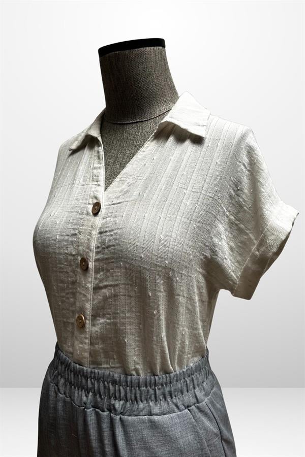 Kadın Polo Yaka Kendinden Desenli Keten Gömlek