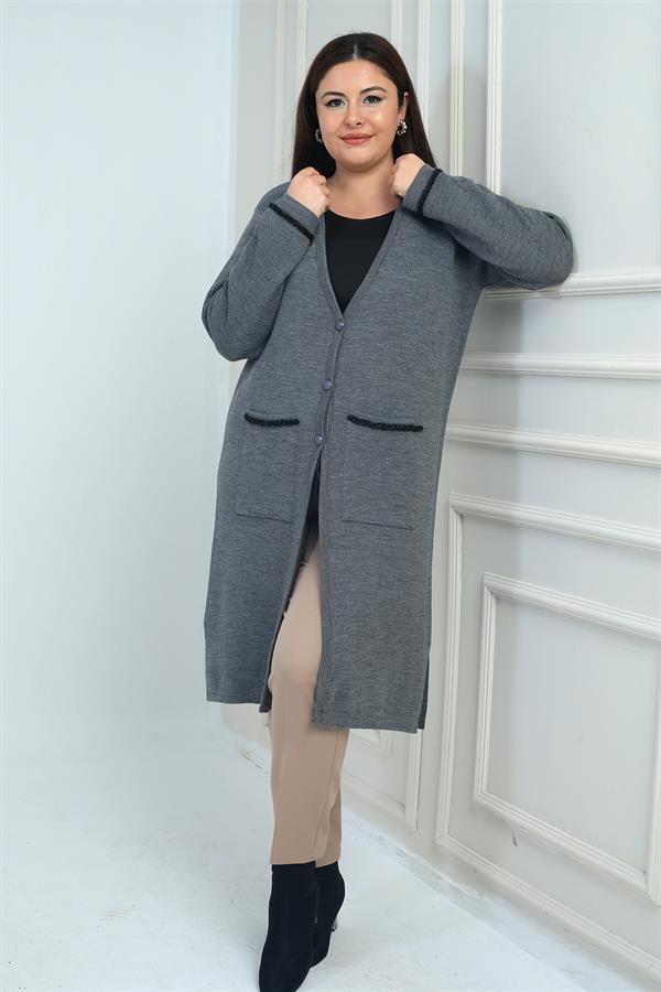 Kadın  Cepleri Şerit Detaylı Büyük Beden Uzun Triko Hırka