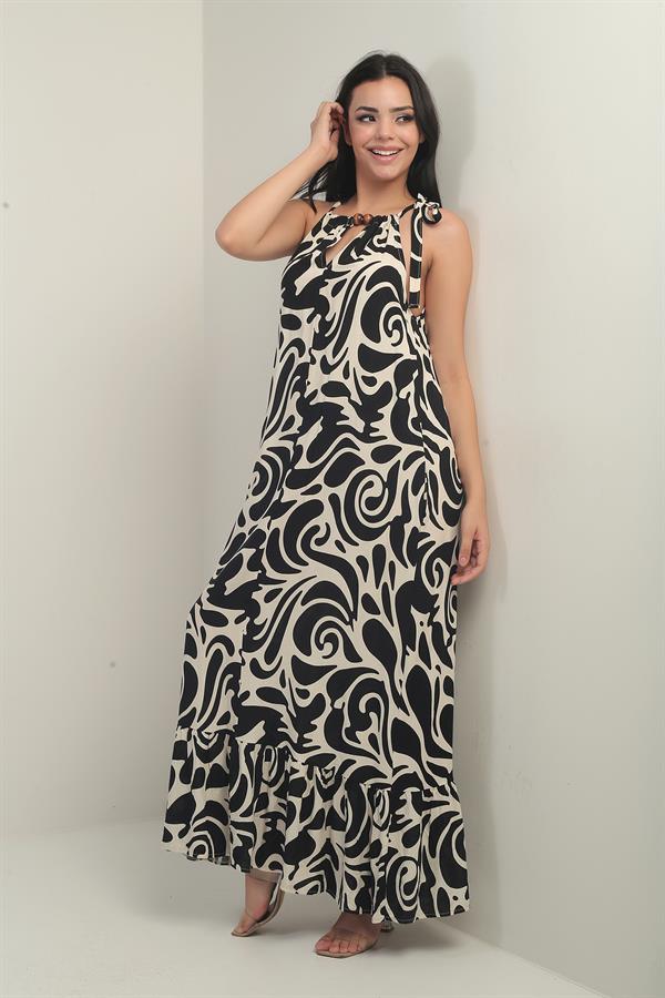 Women's Long Dress with Collar Accessory, Side Lace-up, Pockets, and Mixed Pattern.