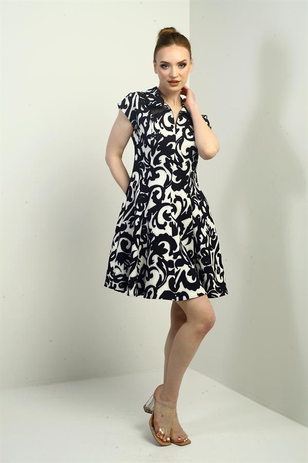 Kadın Önü Yarım Fermuar Ve Dantel Detaylı Kendinden Telalı Etnik Desen Kısa Kloş Elbise