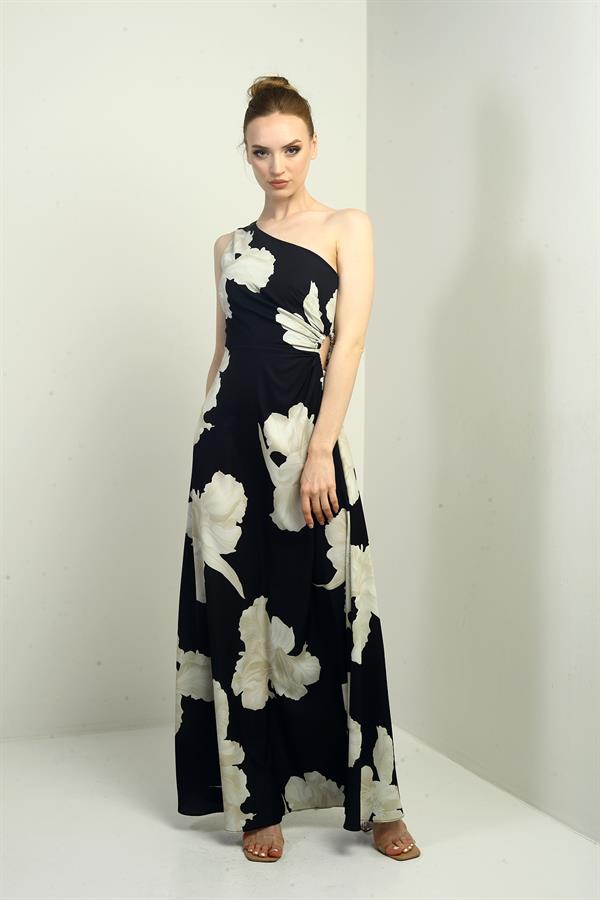 Kadın Tek Omuz Yandan Pencereli Büyük Yaprak Desenli Uzun Krep Saten Elbise