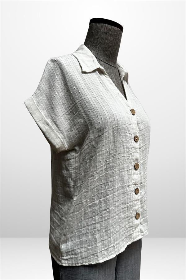 Kadın Polo Yaka Kendinden Desenli Keten Gömlek