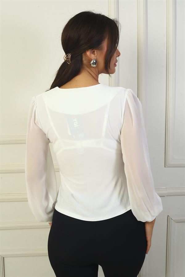 Long Chiffon Blouse with Rose Detail on Collar