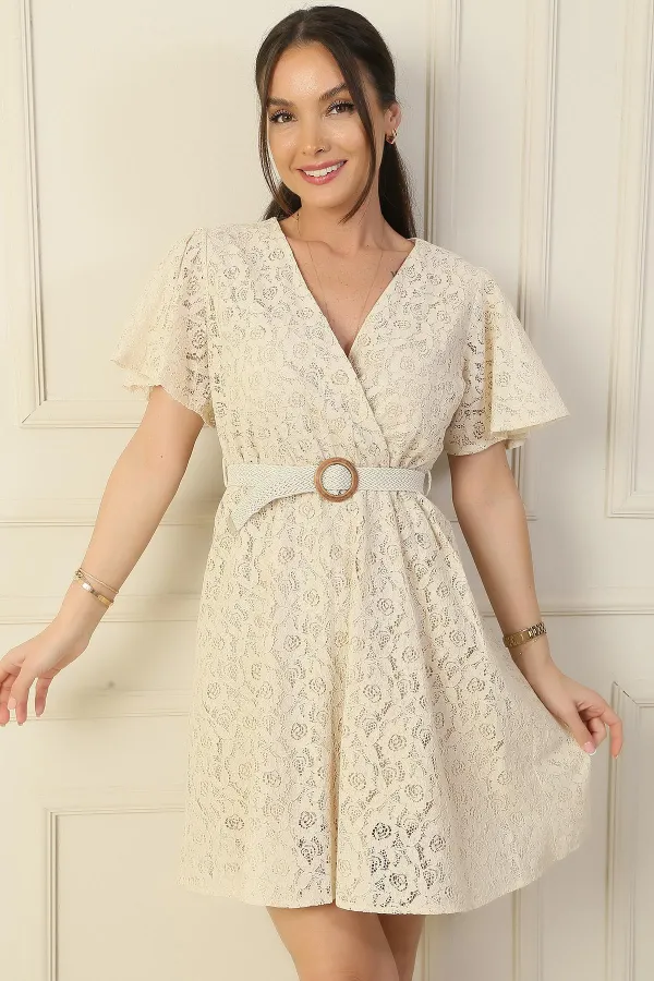 Wrap-neck, belted waist, lined, ruffled sleeves, slit, lace dress.