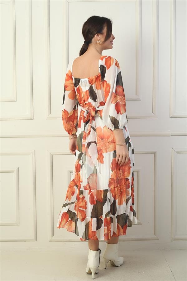 Madonna Neckline Lined Cross-Tie Floral Wrap Chiffon Dress