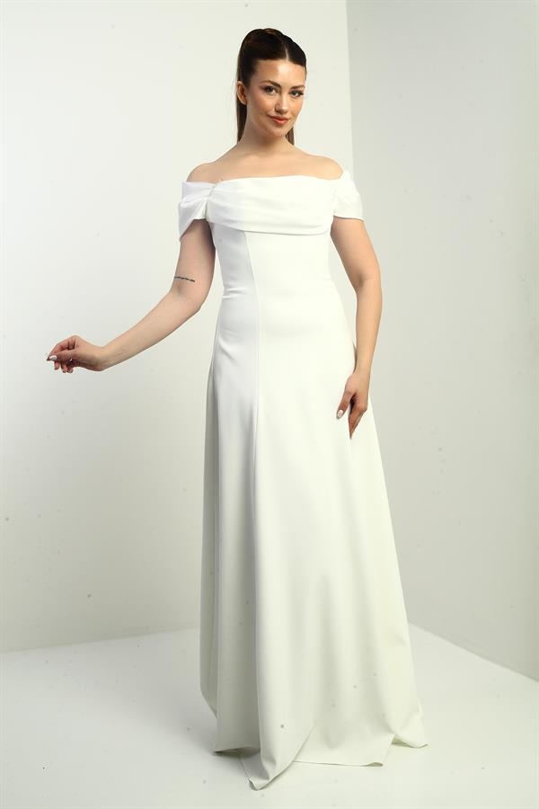 Straplez Kloş Telalı Astarlı Uzun Krep Abiye Elbise