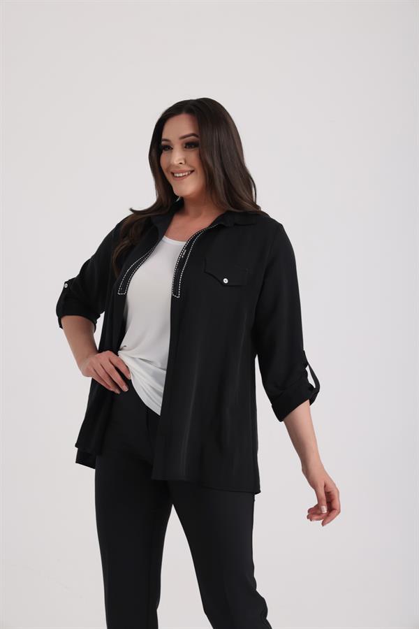 Ensemble 2 pièces pour femme : blouse sans manches en lycra à manches repliées et veste ornée de sequins, grandes tailles.