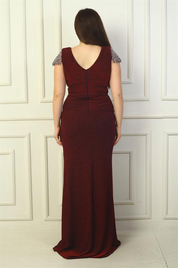 Front and back V-neck, sleeve and waist stone detailing, lined, draped, glittery plus size lycra long dress