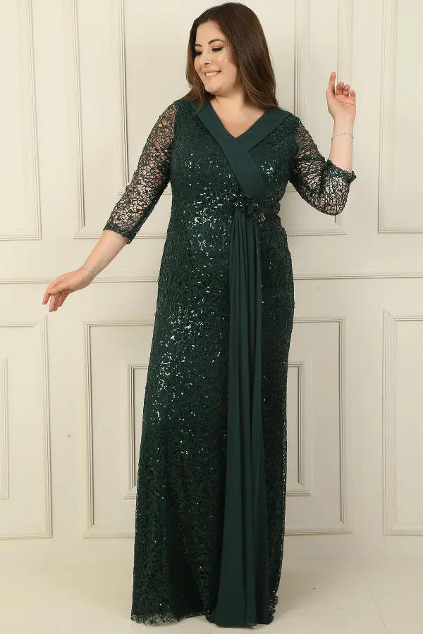 V Yaka File Kumaş Üstü Şifon B.Beden Elbise