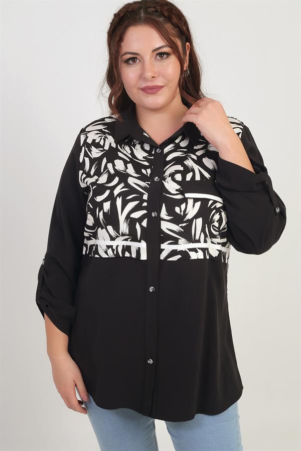 Kadın Kol Katlamalı Fırça Desenli Cep Kapaklı Büyük Beden Gömlek