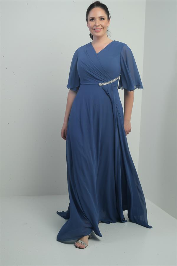 Women's V-Neck, Waistband with Stone Embellishment, Draped, Lined, Plus Size Long Chiffon Dress