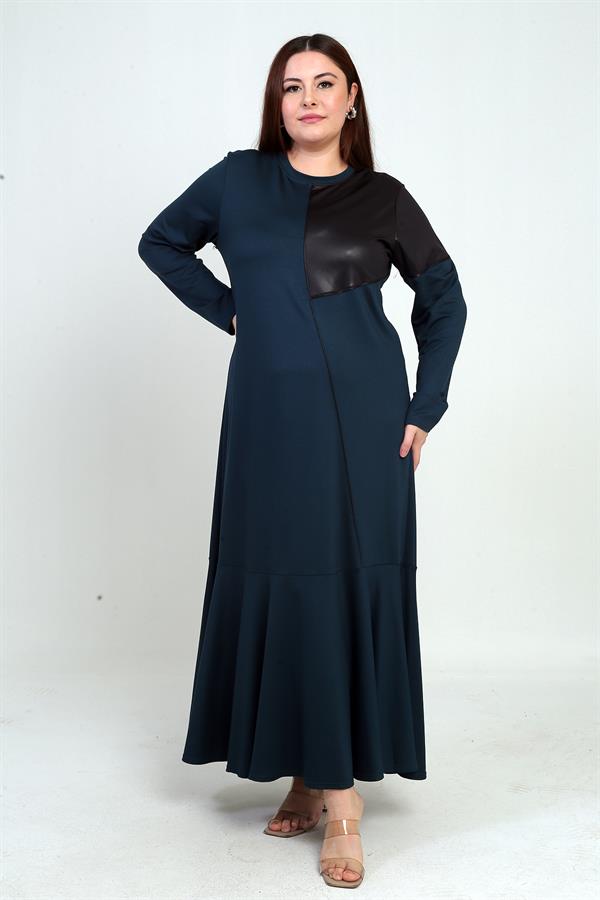 Robe longue grande taille pour femme avec épaules en cuir et jupe à volants