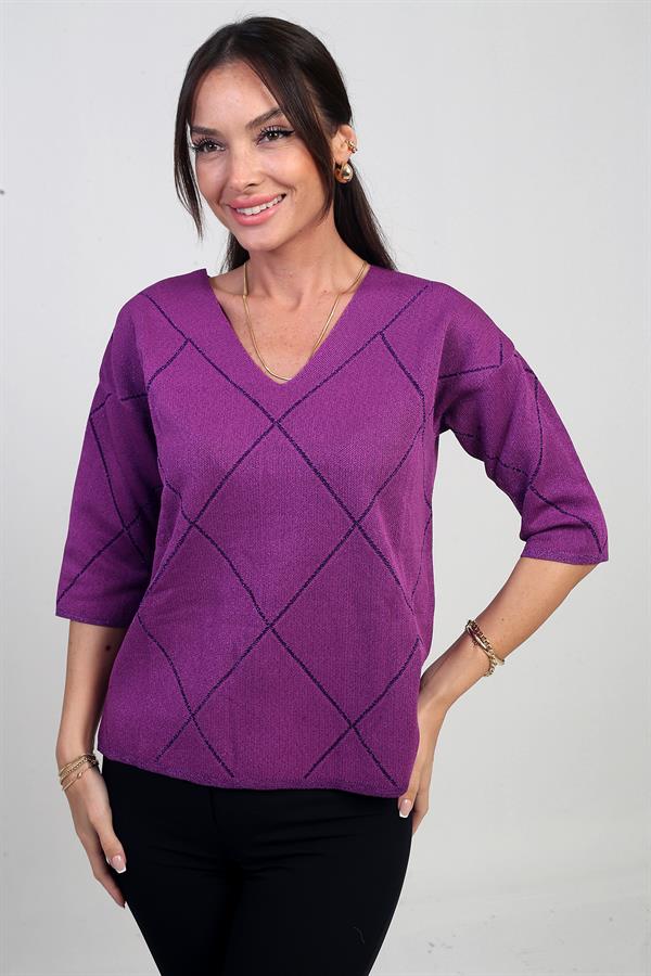 Chemisier à paillettes à col en V et manches courtes pour femme, orné de motifs en losanges