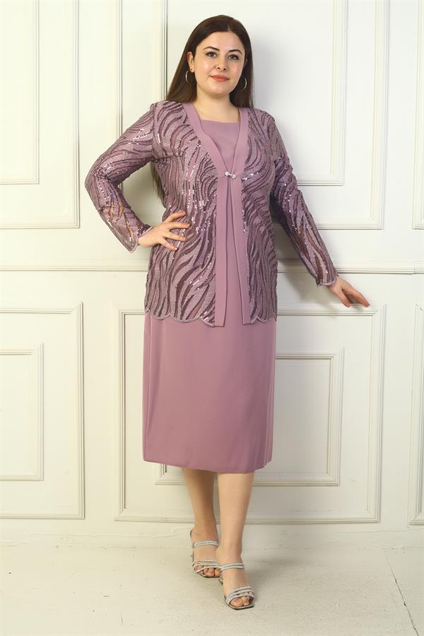 Women's Sequin and Glitter Embellished Tulle Jacket, Long-Sleeved Lined Crepe Dress, Plus Size Two-Piece Set