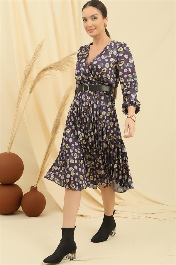 Wrap Neck, Belted Waist, Lined, Shawl Patterned Pleated Satin Dress