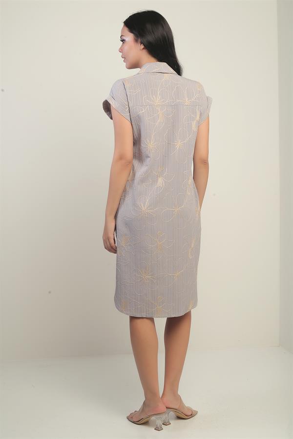 Women's Short-Sleeved, Corded, Pocketed Shirt Dress with Side Slits