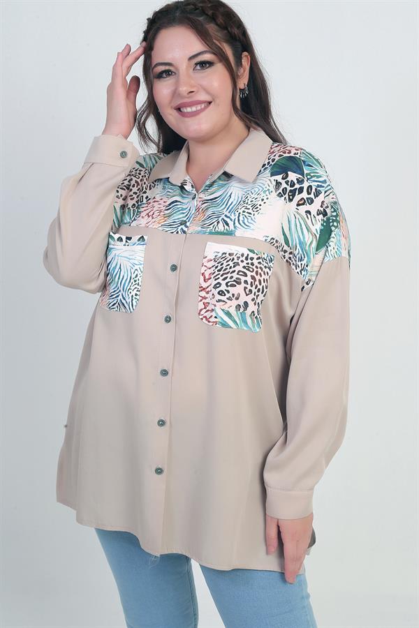 Chemise à manches tombantes et double poche à motifs pour femme, grandes tailles