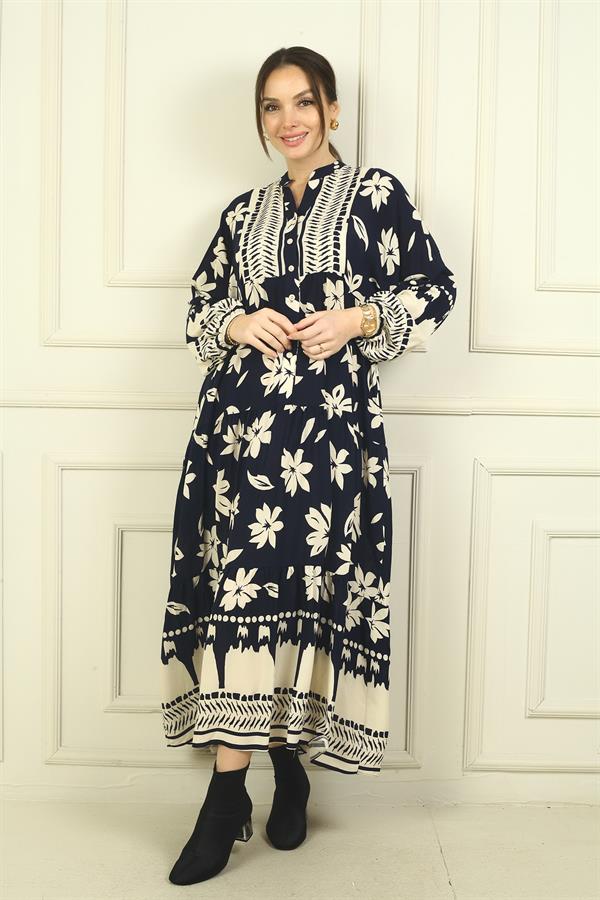 Kadın Önü Yarım Düğmeli Çiçek Desenli Fırfırlı Oversize Uzun Elbise